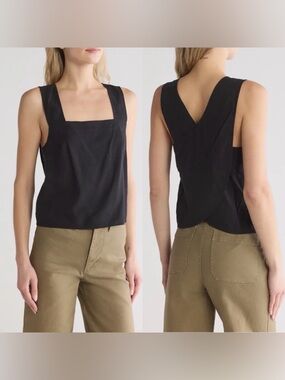Madewell Irene Linen Blend Black Square-Neck Cross-Back Tank Top 2